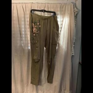 Oslo  Army Green Floral and butterfly Painted Cargo Pants Size 12